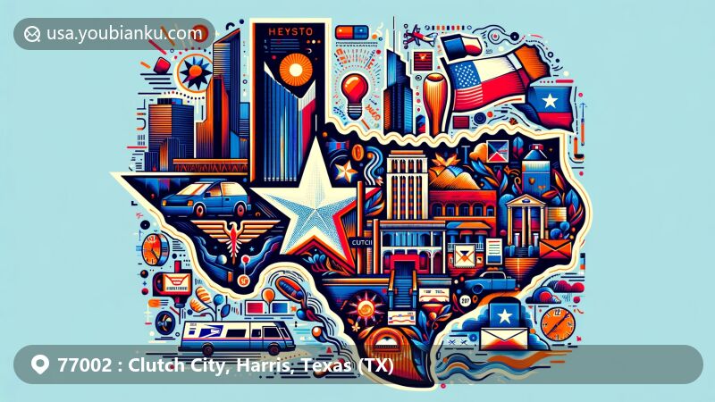 Modern illustration of Clutch City, Harris County, Texas, blending county outline and Texas flag with postal elements, featuring local landmarks and cultural symbols.