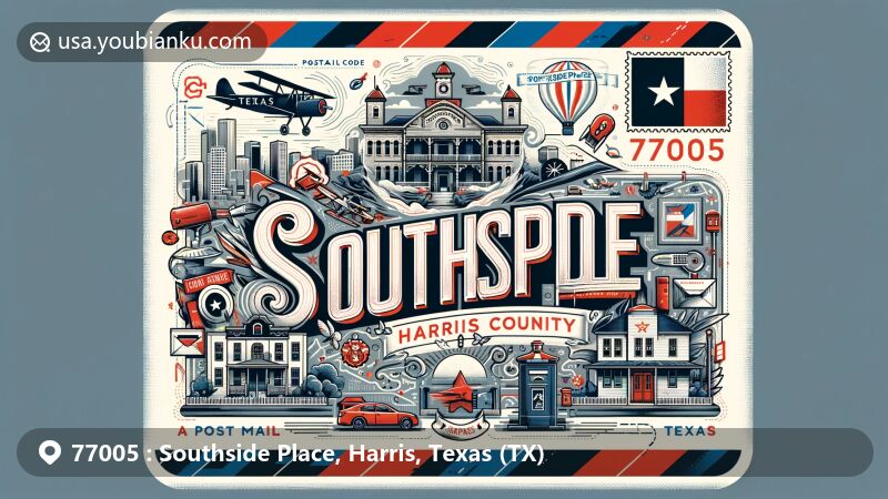 Modern illustration of Southside Place, Harris County, Texas, resembling an air mail envelope, featuring landmarks and cultural elements, with Texas state symbols and postal elements.