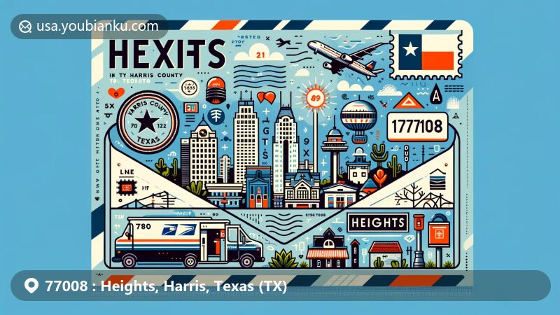 Modern illustration of Heights, Harris County, Texas, featuring postal theme with ZIP code 77008, showcasing Texas state flag and local Harris County and Heights area elements.