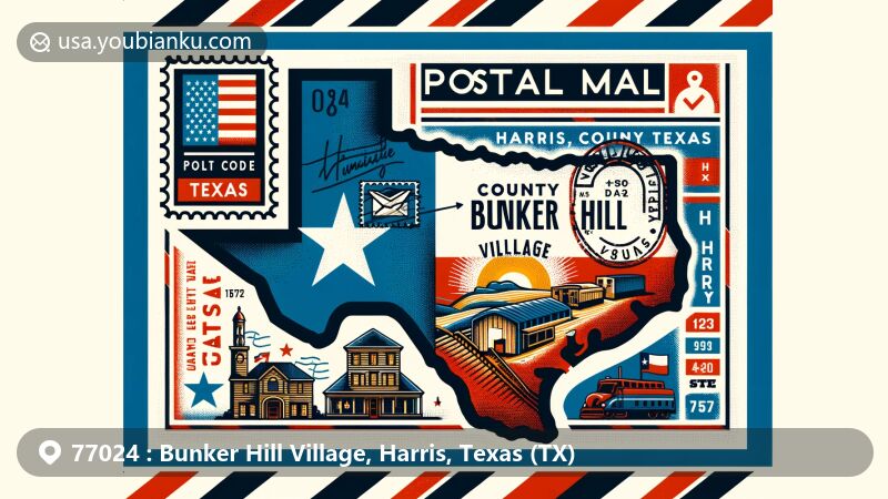 Modern illustration for Bunker Hill Village, Harris, Texas, showcasing postal theme with FIPS code '77024', including a map outline of Harris County and the Texas state flag.