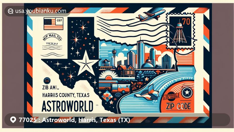 Creative illustration of Astroworld, Harris County, Texas, featuring Texas state flag, stylized map outline, postal elements, and 'ZIP Code' text, with a focus on key cultural elements and landmarks.