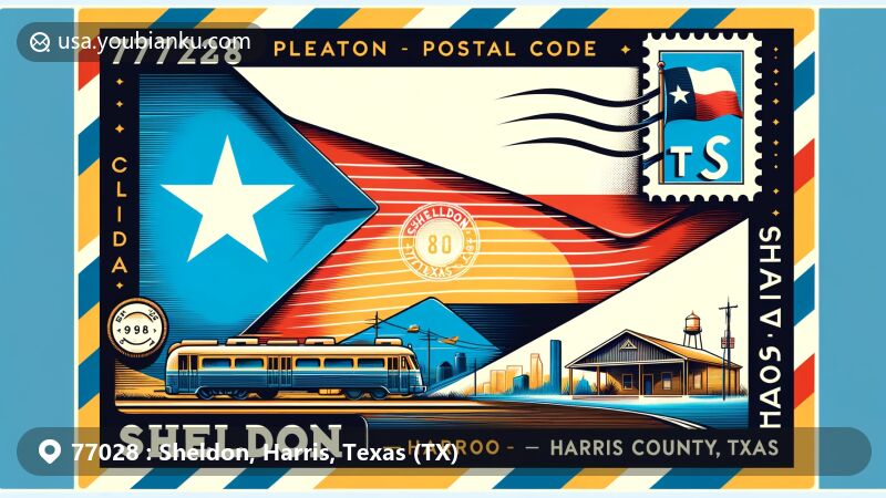Modern illustration of Sheldon, Harris County, Texas, portraying postal theme with airmail envelope, Texas state flag, local landmark, '77028' postage stamp, and 'Sheldon, TX' postmark.