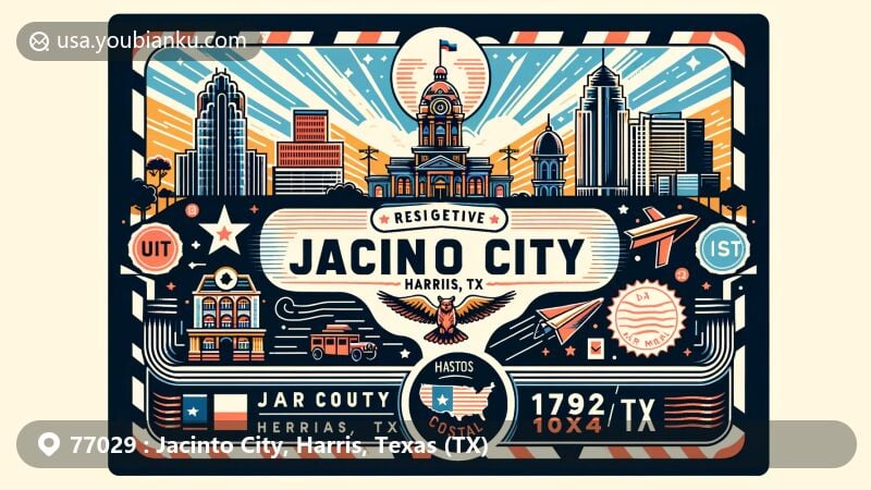 Modern illustration of Jacinto City, Harris County, Texas, TX, as a creative postal card or air mail envelope with iconic city and state symbols.