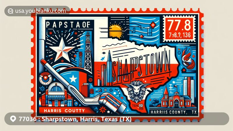 Modern postcard-style illustration of Sharpstown, Harris County, Texas, showcasing Texas state flag, Harris County map outline, and local landmarks, with vintage postal elements and ZIP code 77036.