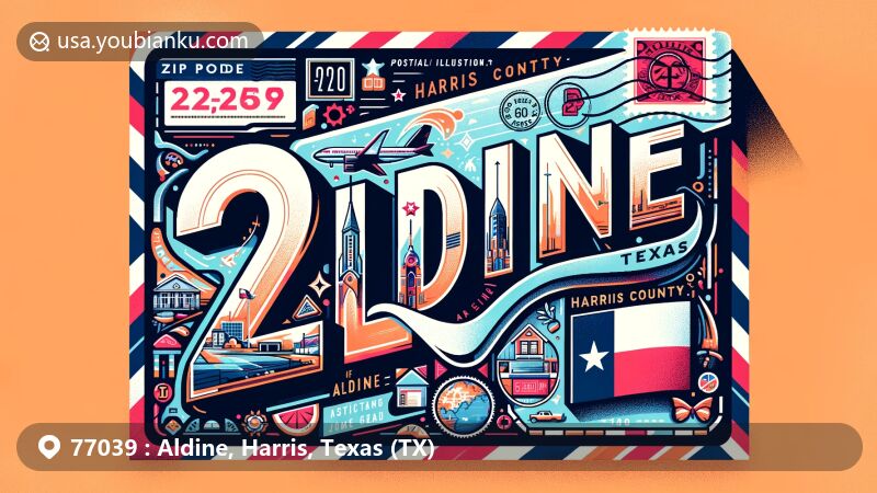 Modern illustration of Aldine, Harris County, Texas, highlighting postal theme with airmail envelope, ZIP Code, Texas state flag, Harris County outline, and key landmarks. Vibrant and eye-catching design.