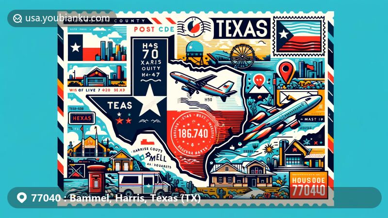 Modern illustration of Bammel, Harris County, Texas, depicting postal scene with TX ZIP code 77040, featuring state flag, Harris County map outline, local landmarks, post card, stamp, postmark, mailbox, and postal vehicle.