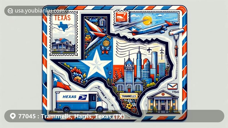 Modern illustration for Trammells, Harris County, Texas, with ZIP code 77045, showcasing state flag, county outline, and cultural landmarks, featuring postal elements like stamp, postmark, mailbox, and postal van.