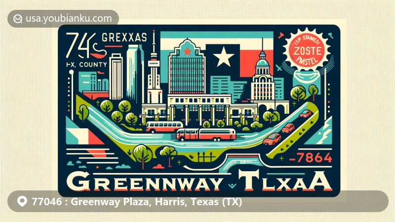 Creative modern illustration of Greenway Plaza, Harris County, Texas, displaying postal theme with ZIP code 77046, featuring Texas state flag, Harris County outline, and iconic local landmarks in a contemporary style.