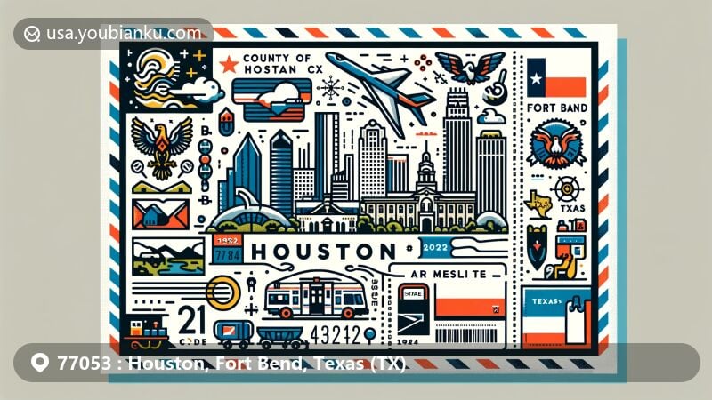 Creative illustration for postal code webpage of Houston and Fort Bend County, Texas, featuring iconic symbols of Houston, Fort Bend elements, and Texas state symbols.
