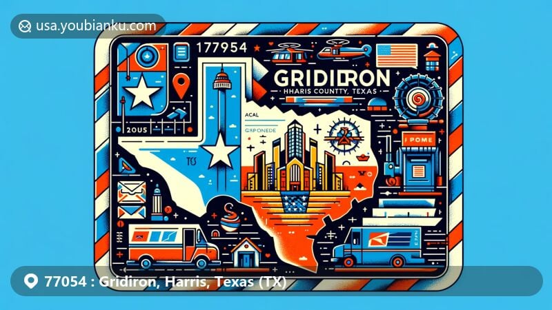 Modern illustration of Gridiron, Harris County, Texas, showcasing postal theme with ZIP code 77054, including Texas state flag, Harris County map, and local landmark or cultural element.
