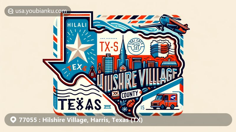Creative illustration of Hilshire Village, Harris County, Texas, resembling an airmail envelope with Texas state flag, Harris County outline, local landmark, and postal elements, ideal for webpage.