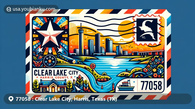 Creative illustration for Clear Lake City, Harris County, Texas, showcasing postal theme with ZIP code 77058, featuring Texas state flag and local landmarks.