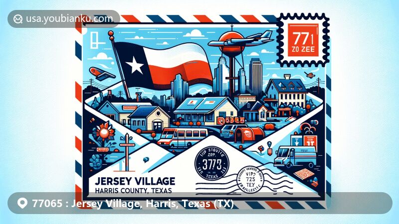 Contemporary illustration of Jersey Village, Harris County, Texas, styled as an airmail envelope for ZIP code 77065, showcasing Texas state flag, Harris County outline, and local landmarks and symbols.