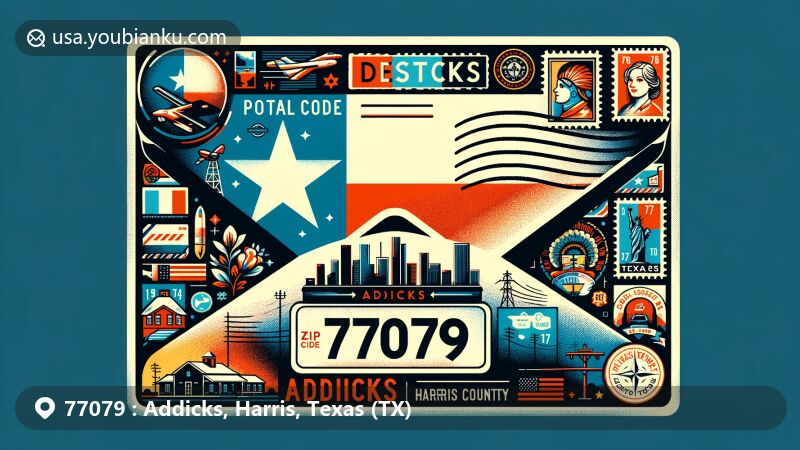 Modern illustration showcasing Addicks, Harris County, Texas with vintage airmail envelope, ZIP code 77079, Texas state flag, Houston skyline, San Jacinto Monument, and cultural symbols.