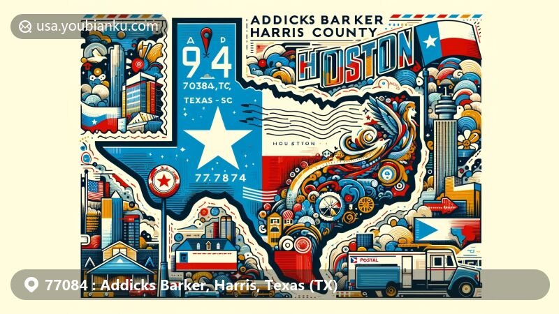 Modern illustration of Addicks Barker, Harris County, Texas, inspired by ZIP code 77084, featuring Texas state flag, Harris County outline, local landmark, vintage stamp, 77084 postmark, mailbox, and mail truck.