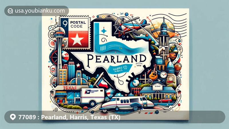 Modern illustration of Pearland, Harris County, Texas, showcasing postal theme with ZIP code, featuring local landmarks and cultural icons, Texas state flag, and Harris County outline.