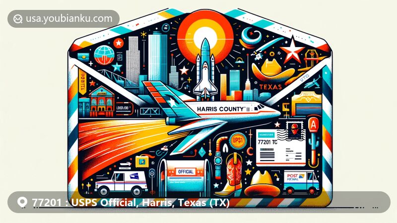 Modern illustration showcasing postal theme for Harris County, Texas, with county map, Houston Space Center, cowboy hat, and boots, USPS stamp and postmark with ZIP code 77201, American mailbox, and postal truck.