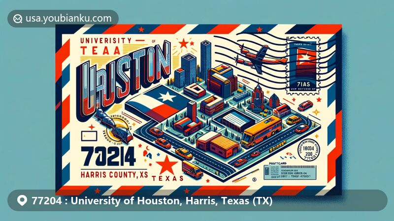 Modern illustration of the University of Houston in Harris County, Texas, showcasing postal theme with ZIP code 77204, featuring Texas state flag, Harris County outline, iconic landmarks, and postal elements.
