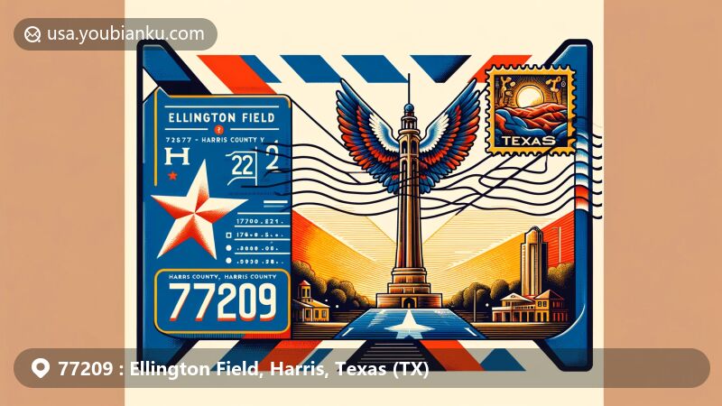 Modern illustration of Ellington Field, Harris County, Texas, highlighting postal theme with creatively designed airmail envelope and Texas state flag stamp, featuring iconic San Jacinto Monument and county map outline.