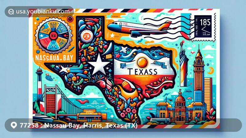 Modern illustration of Nassau Bay, Harris County, Texas, showcasing regional characteristics and postal theme with ZIP code, featuring Texas state flag and accurate geographical outlines.