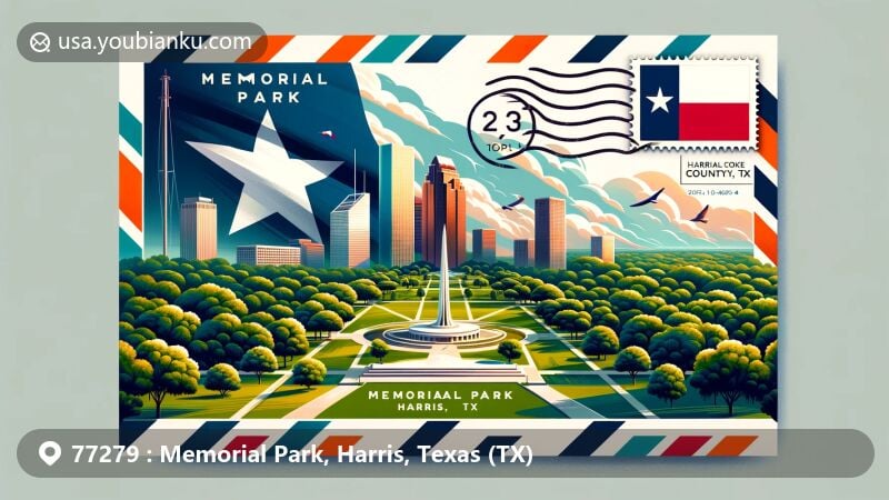 Modern illustration of Memorial Park, Harris County, Texas, featuring lush greenery and key landmarks, with integrated Texas flag and postal elements, highlighting ZIP code and county details.
