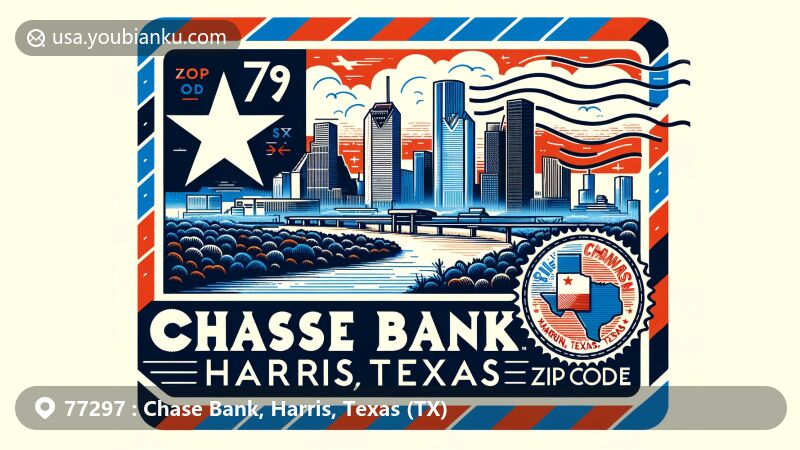 Modern illustration of Chase Bank, Harris County, Texas, with ZIP code area, showcasing Houston skyline, Texas state flag, and stylized postal stamp with 'Chase Bank, Harris, Texas' and ZIP Code.