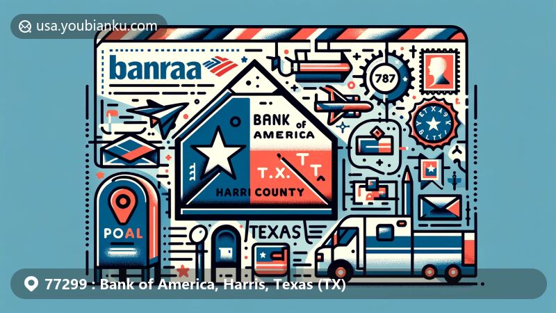 Modern illustration of Bank of America's ZIP code page in Harris County, Texas, showcasing postal theme with stamps, postmarks, ZIP Code, and postal elements.