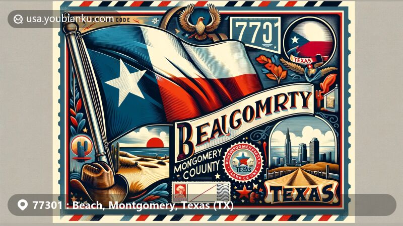 Vintage postcard illustration for ZIP code 77301, Beach in Montgomery County, Texas, featuring Texas state flag, Montgomery County outline, and Texan cultural symbols, framed with airmail border.