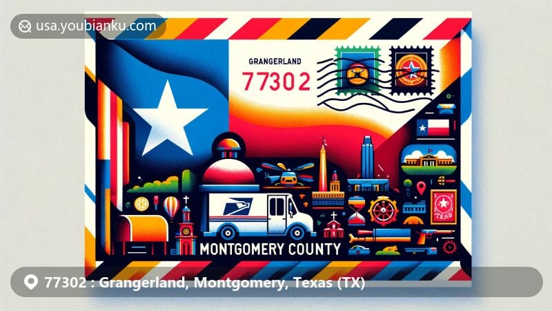 Colorful illustration representing Grangerland, Montgomery County, Texas, with elements of the state flag, county map, landmarks, and postal symbols, centered around the ZIP code 77302.