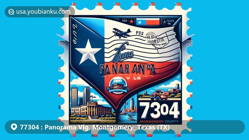 Modern illustration of Panorama Vlg, Montgomery County, Texas, showcasing postal theme with ZIP code 77304, featuring Texas state flag, Montgomery County outline, and local landmarks.