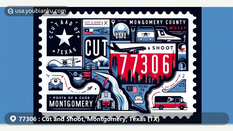 Modern illustration of Cut and Shoot, Montgomery, Texas, showcasing postal theme with ZIP code 77306, featuring Texas state flag, Montgomery County outline, and local cultural symbols.