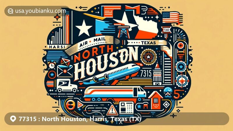 Modern illustration of North Houston, Harris County, Texas, with air mail envelope theme and Texas state symbols, showcasing Harris County outline and North Houston landmarks.