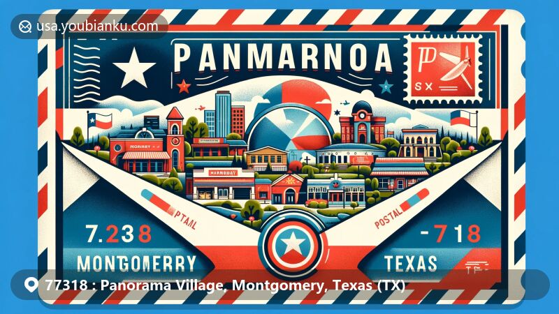 Modern illustration of Panorama Village, Montgomery, Texas (TX), showcasing airmail envelope theme with '77318' ZIP code, featuring local landmarks, cultural symbols, and Texas state flag.