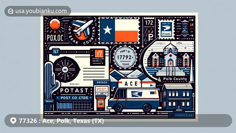 Modern illustration of Ace, Polk County, Texas (TX), featuring postal theme with elements like postage stamps, postmarks, ZIP Code, mailbox, and postal van, along with Texas state flag, Polk County outline, and Ace cultural symbol.