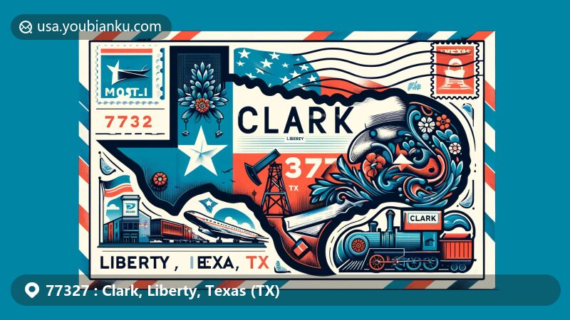 Modern illustration of Clark, Liberty, Texas, highlighting state flag, Liberty County outline with 'Clark' and FIPS code '77327', Texas cowboy hat, boots, oil rig, vintage stamps, postmark 'Liberty, TX', and mail carriage.