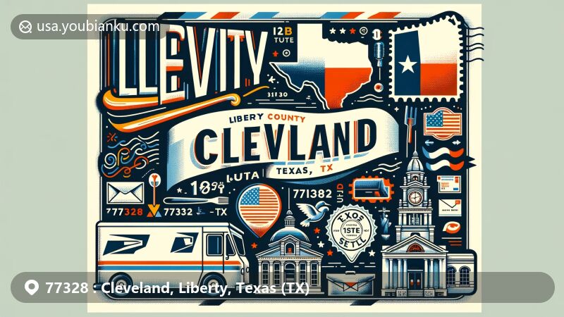 Modern illustration of Cleveland, Liberty County, Texas, showcasing postal theme with ZIP code 77328, featuring iconic elements like the Texas state flag and a famous landmark from Cleveland.