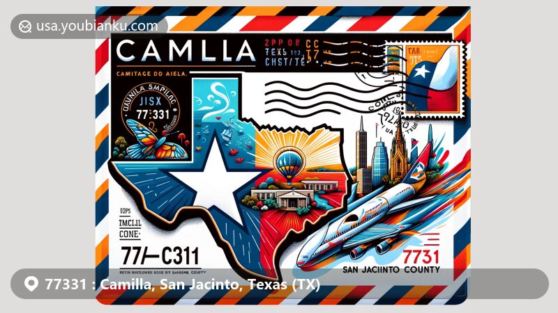Creative illustration of Camilla, San Jacinto County, Texas, showcasing airmail envelope with Texas state flag and notable landmarks, incorporating ZIP code 77331.