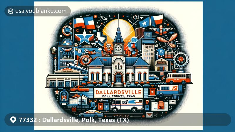 Modern illustration of Dallardsville, Polk County, Texas, showcasing postal theme with ZIP code 77332, featuring local landmarks and cultural symbols.