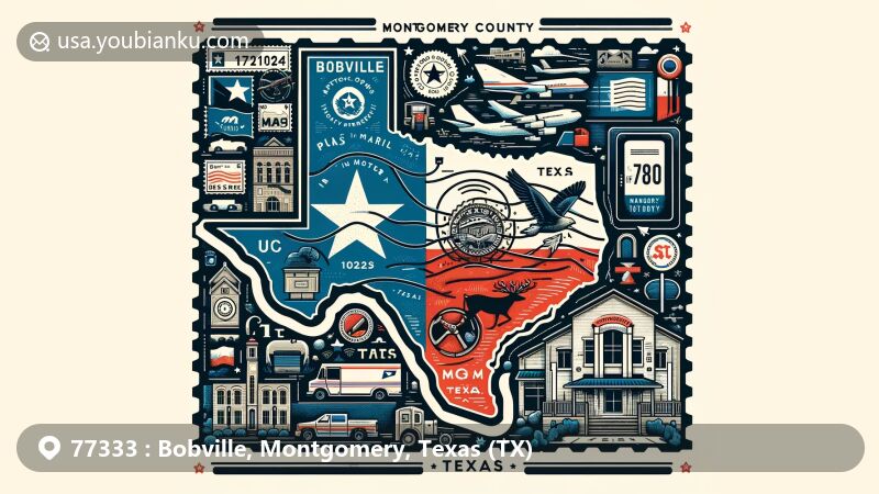 Modern illustration of Bobville, Montgomery County, Texas, highlighting postal theme with elements like stamps, postmarks, ZIP Code, mailboxes, and mail vehicles, along with Texas state flag and iconic local landmarks.