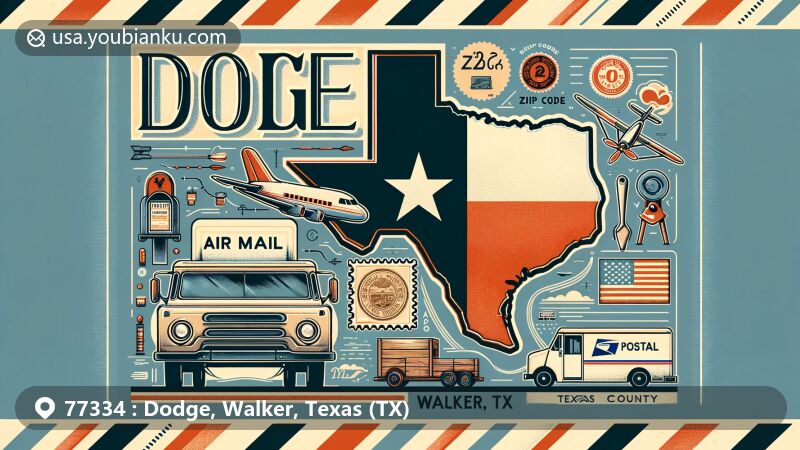 Modern illustration of Dodge, Walker County, Texas, with map outline, Texas state flag, postal truck, mailbox, vintage stamps, and text 'Dodge, Walker, TX ZIP Code'.