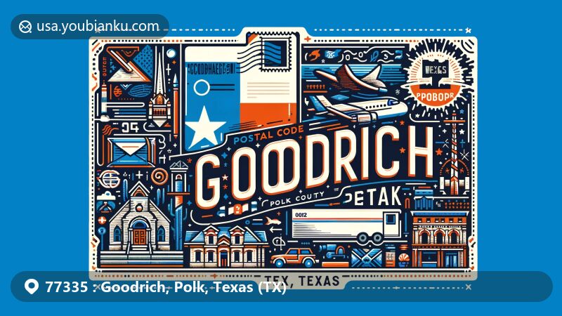 Modern illustration of Goodrich, Polk County, Texas, showcasing postal theme with Texas state flag, Polk County outline, and cultural symbols of Goodrich, including postal elements like stamp, postmark, ZIP Code, mailbox, and mail truck.