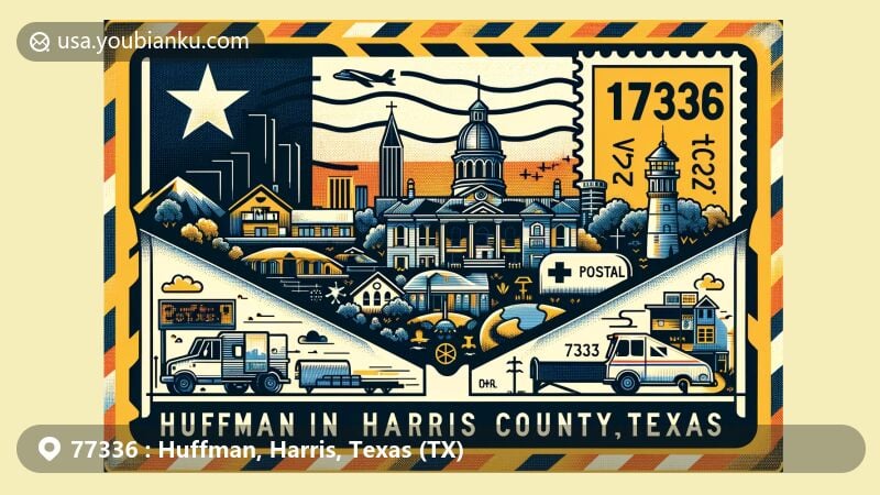 Modern illustration of Huffman, Harris County, Texas, inspired by postal theme with ZIP code 77336, showcasing Texas state flag, Harris County outline, and local landmarks in a creative postcard design.