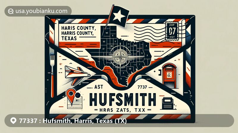 Modern illustration of Hufsmith, Harris County, Texas, designed as an air mail envelope with postal theme including vintage postage stamp and red mailbox, featuring Harris County outline and Texas state flag.