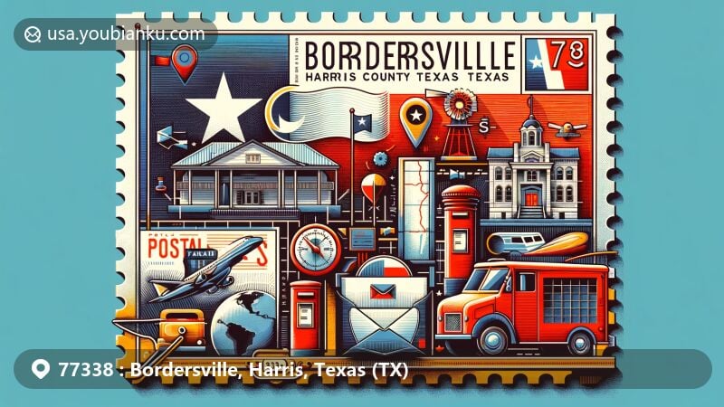 Modern illustration of Bordersville, Harris County, Texas, featuring stylized postcard design with Texas state flag, Harris County outline, local culture representation, postal elements like vintage stamp and mailbox, showcasing ZIP code 77338.