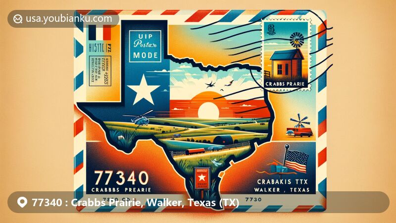 Modern illustration of Crabbs Prairie, Walker County, Texas, featuring vintage airmail envelope with Texas state flag postcard, showcasing ZIP code 77340 and local symbols.