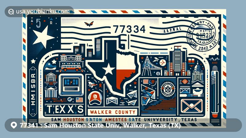 Modern illustration of Sam Houston State University, Walker County, Texas, inspired by postal theme with ZIP code 77341, Texas state flag, university landmarks, and postcard design.