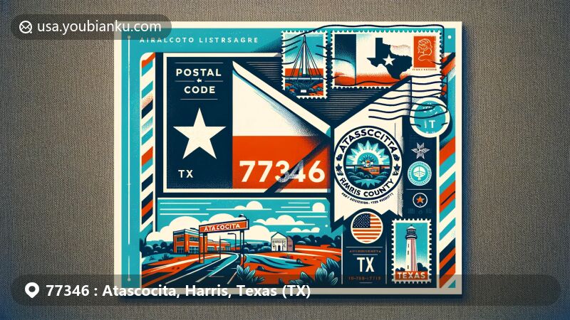 Modern illustration of Atascocita, Harris County, Texas, showcasing postal theme with ZIP code 77346, featuring Texas state flag, Harris County outline, Atascocita landmarks, and vintage postage stamp.