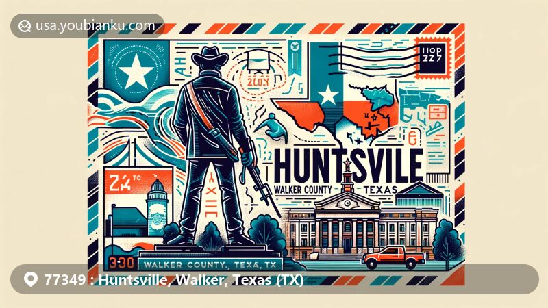 Modern illustration of Huntsville, Walker County, Texas, showcasing postal theme with ZIP code page, featuring Sam Houston Statue and Walker County's map outline.