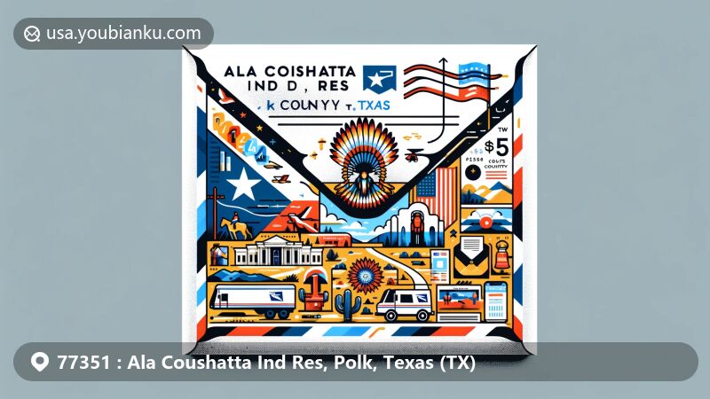 Contemporary illustration for Ala Coushatta Indian Reservation in Polk County, Texas, featuring airmail envelope theme with Texas state flag, local symbols, postmark, and postal elements.