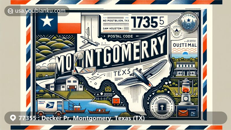 Modern illustration of Montgomery County, Texas, shaped like an airmail envelope, featuring the Texas state flag, detailed outline of Montgomery County with 'Montgomery, TX', and iconic landmarks like Lake Conroe and Sam Houston National Forest.